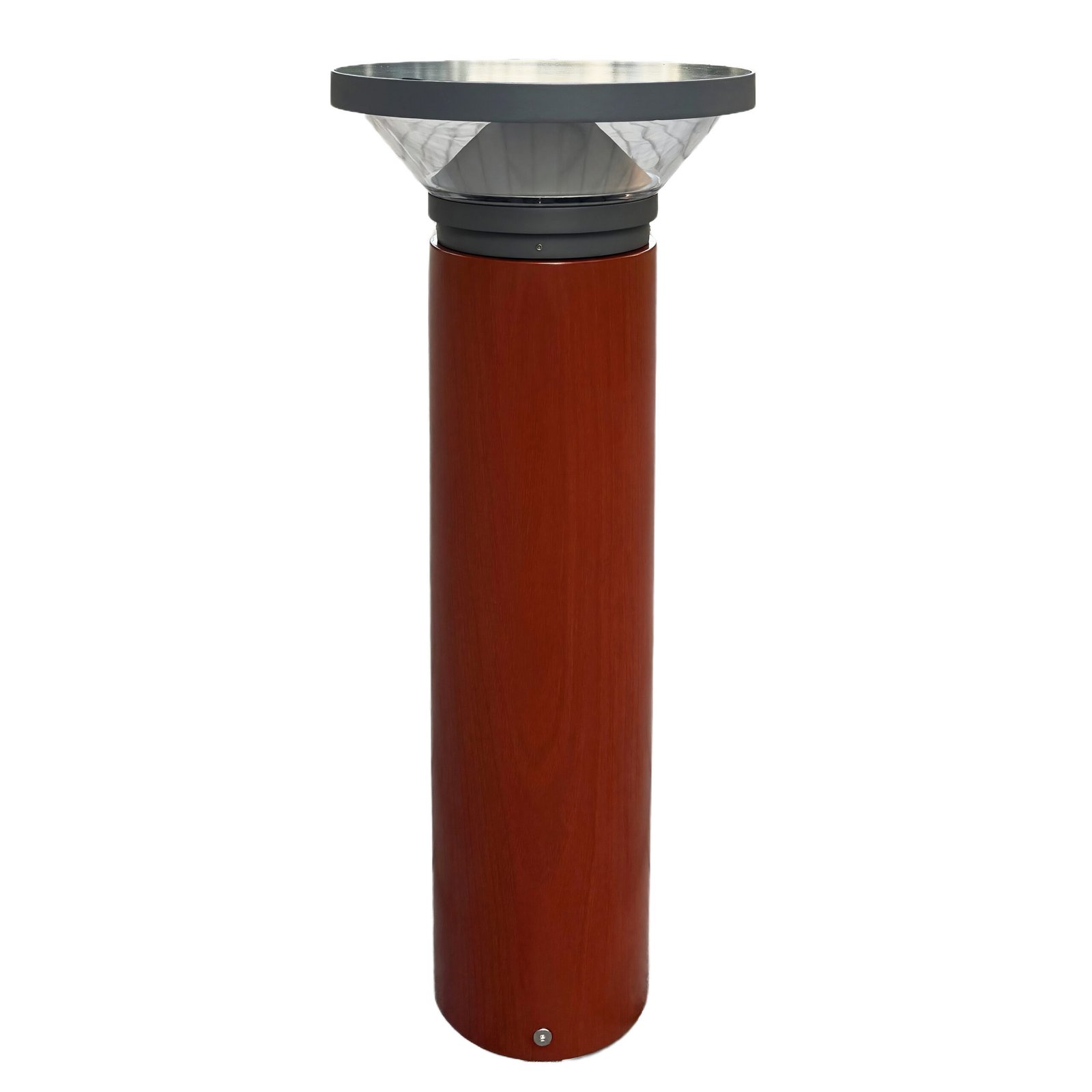 Front view of solar bollard light on white background