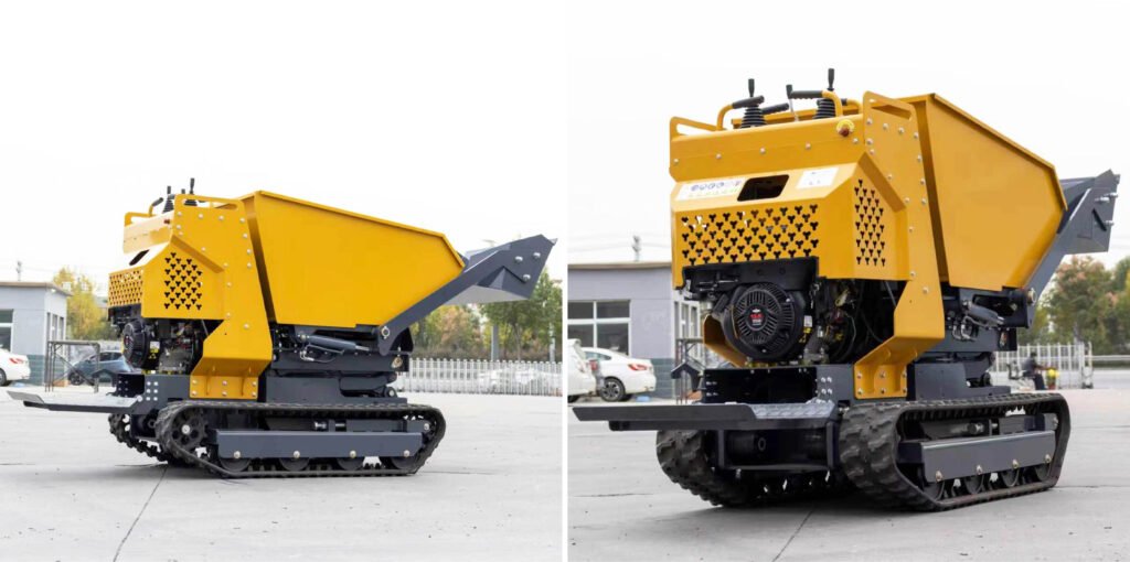 Compact tracked mini dumper overview showing side and front working views