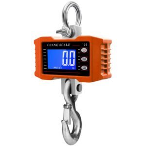 Orange digital crane scale with rechargeable lithium battery on white background