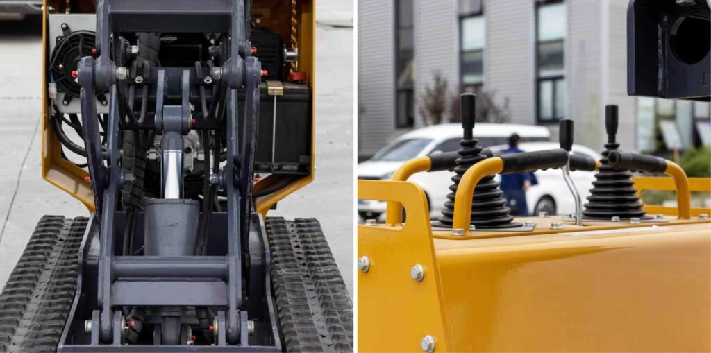 Hydraulic mini dumper detail view showing lifting structure and operator control area