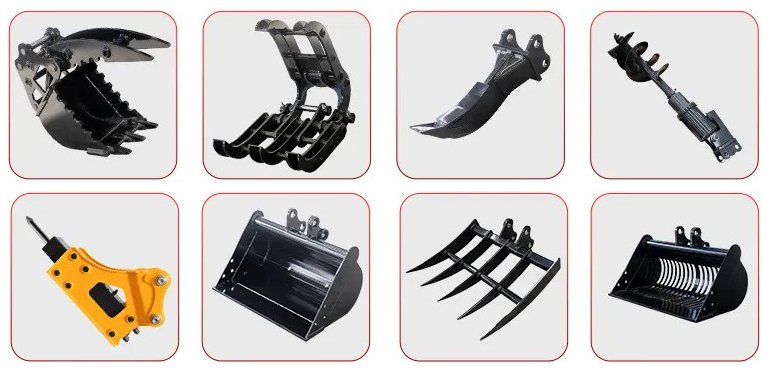 Hydraulic mini excavator attachments including bucket, breaker and grab options