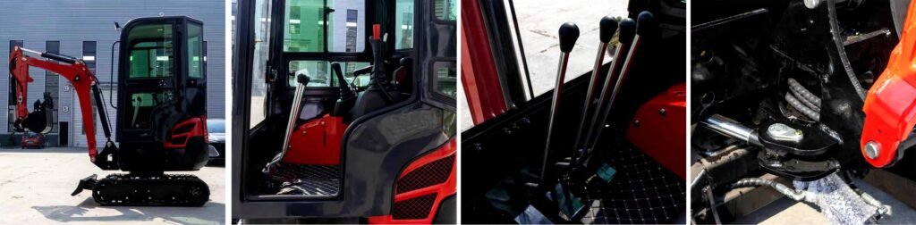 Hydraulic mini excavator detail collage showing cab, controls and structural parts