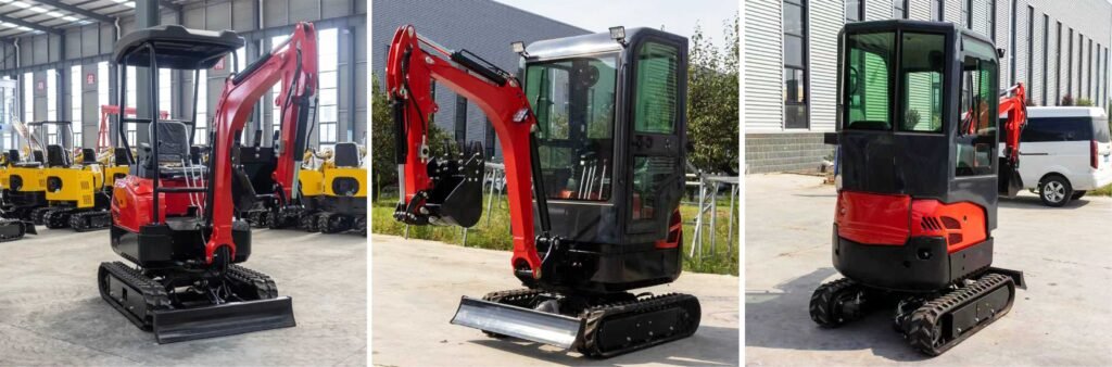 Real machine photos of hydraulic mini excavator with open canopy and enclosed cab