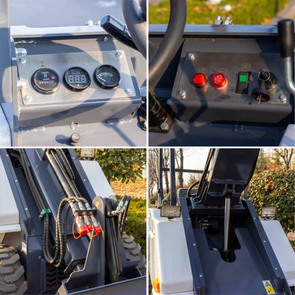 Mini articulated loader dashboard, control panel, hydraulic hose, and telescopic boom details