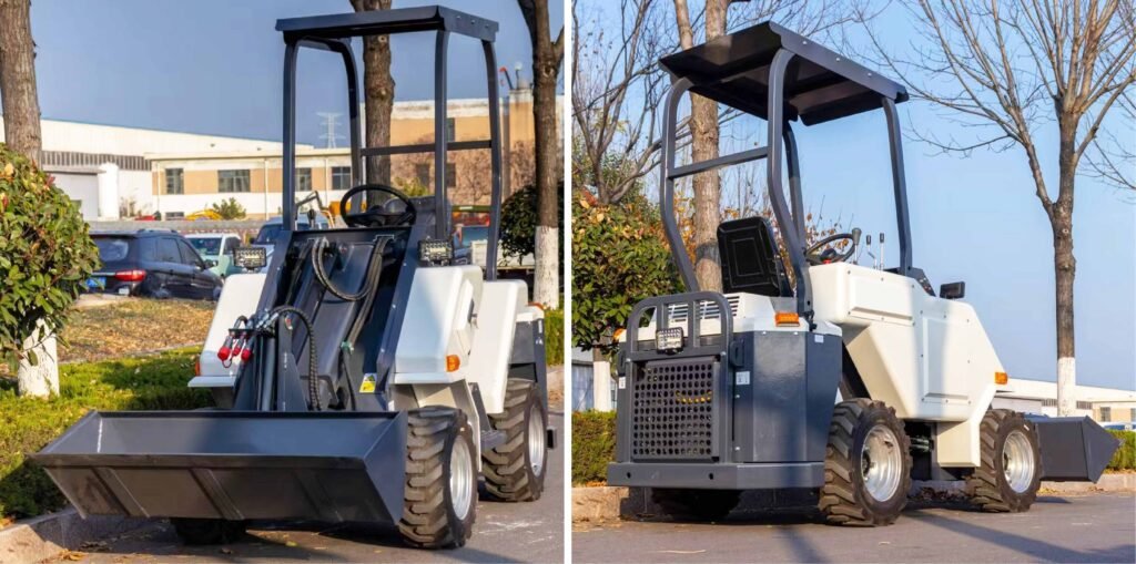 Mini articulated loader with telescopic arm in real working environment overview