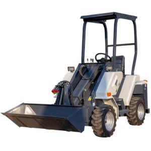 Mini articulated loader with telescopic arm front side view on white background