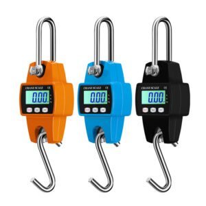 Portable hanging scale in orange blue and black shown in 45 degree view on white background