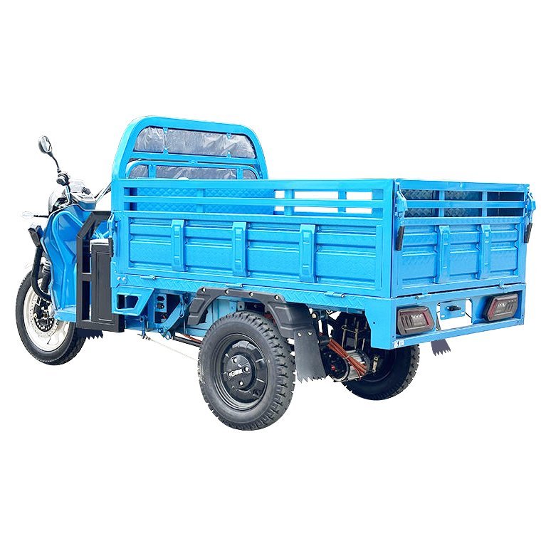 Blue electric cargo tricycle side rear view with cargo bed