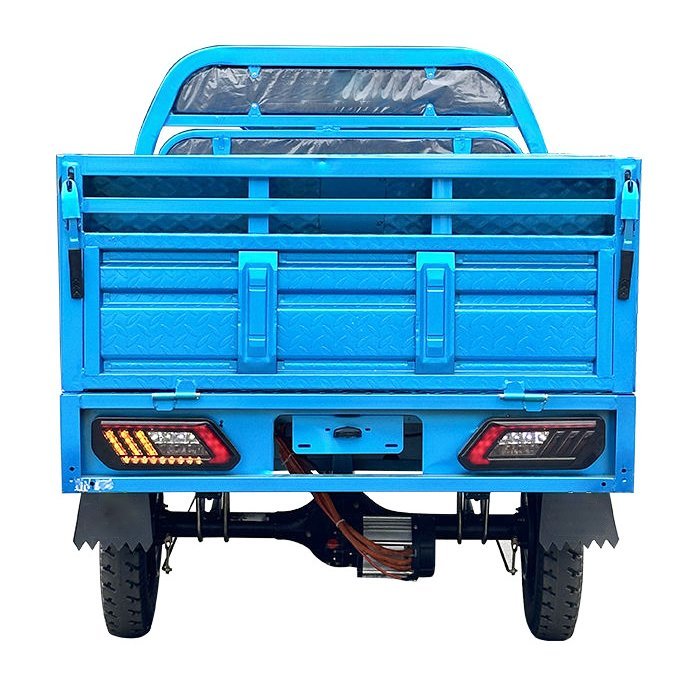 Rear view of blue electric cargo tricycle with open cargo box