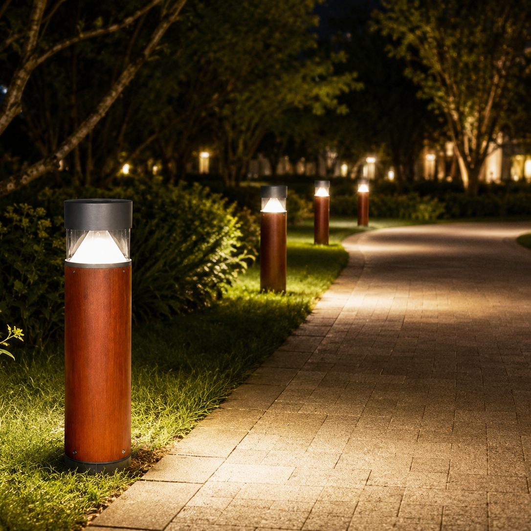 10W wood-effect LED bollard light with IP65 aluminium housing