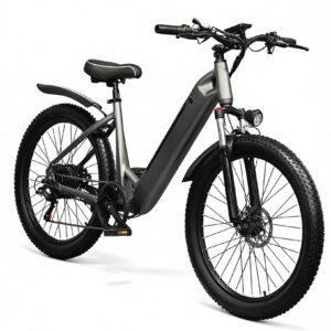 Dark grey 26-inch 500W step-through electric bike with 3.0-inch tires, front three-quarter view