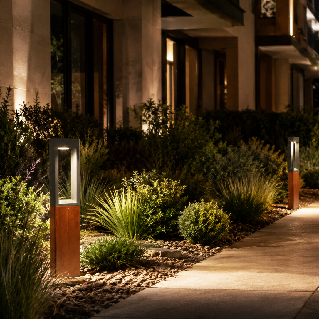 Open-frame wood-effect LED bollard lights installed along a residential garden pathway at night
