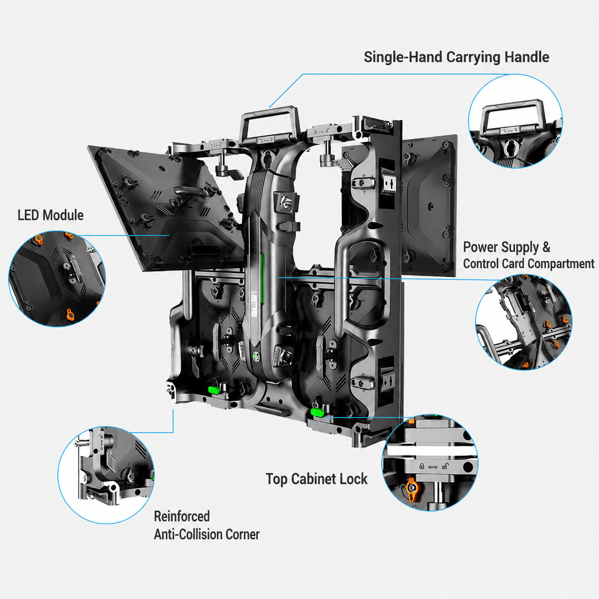 Rental LED display cabinet showing LED module, carrying handle, control compartment and cabinet lock