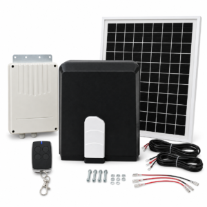 Solar sliding gate opener kit with motor, solar panel, battery box, remote control and cables