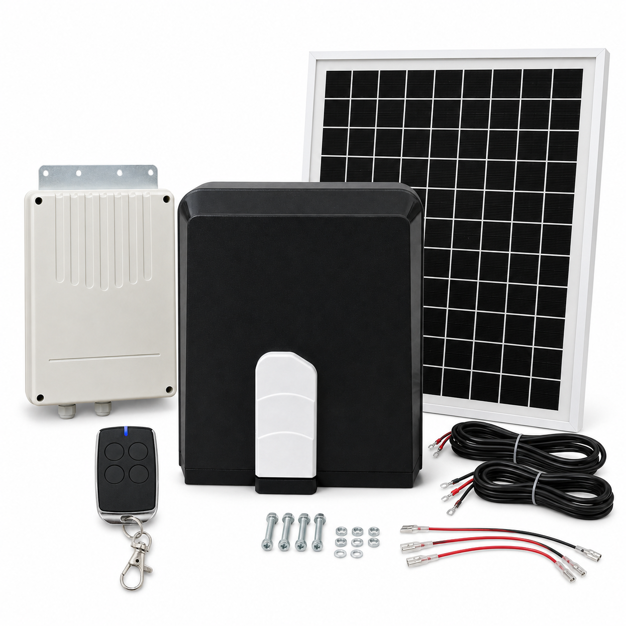 Solar sliding gate opener kit with motor, solar panel, battery box, remote control and cables