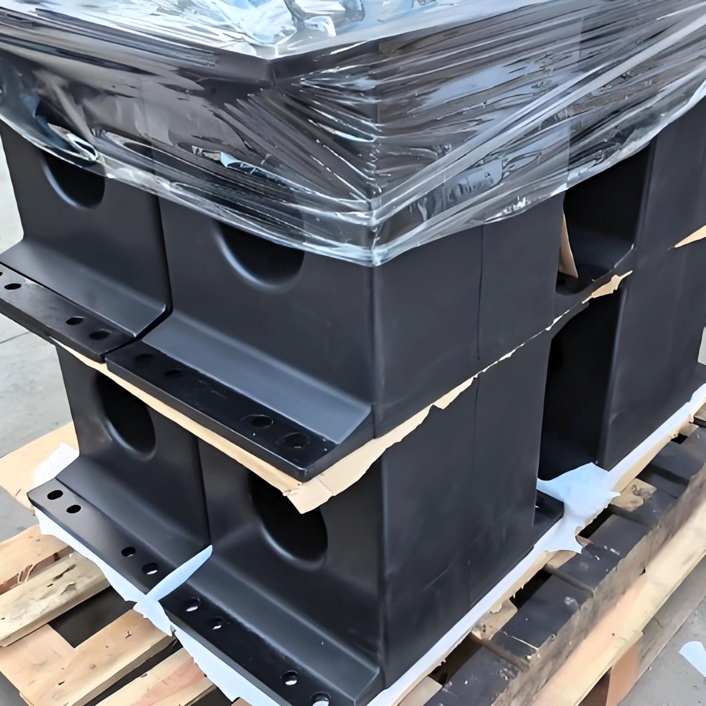 Vibro hammer elastomer damper blocks packed on pallet for shipment