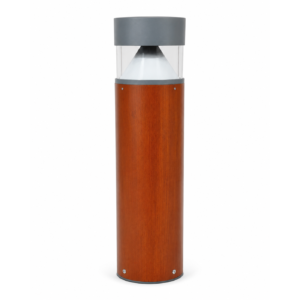 Wood-effect LED bollard lights illuminating a landscaped pathway at night