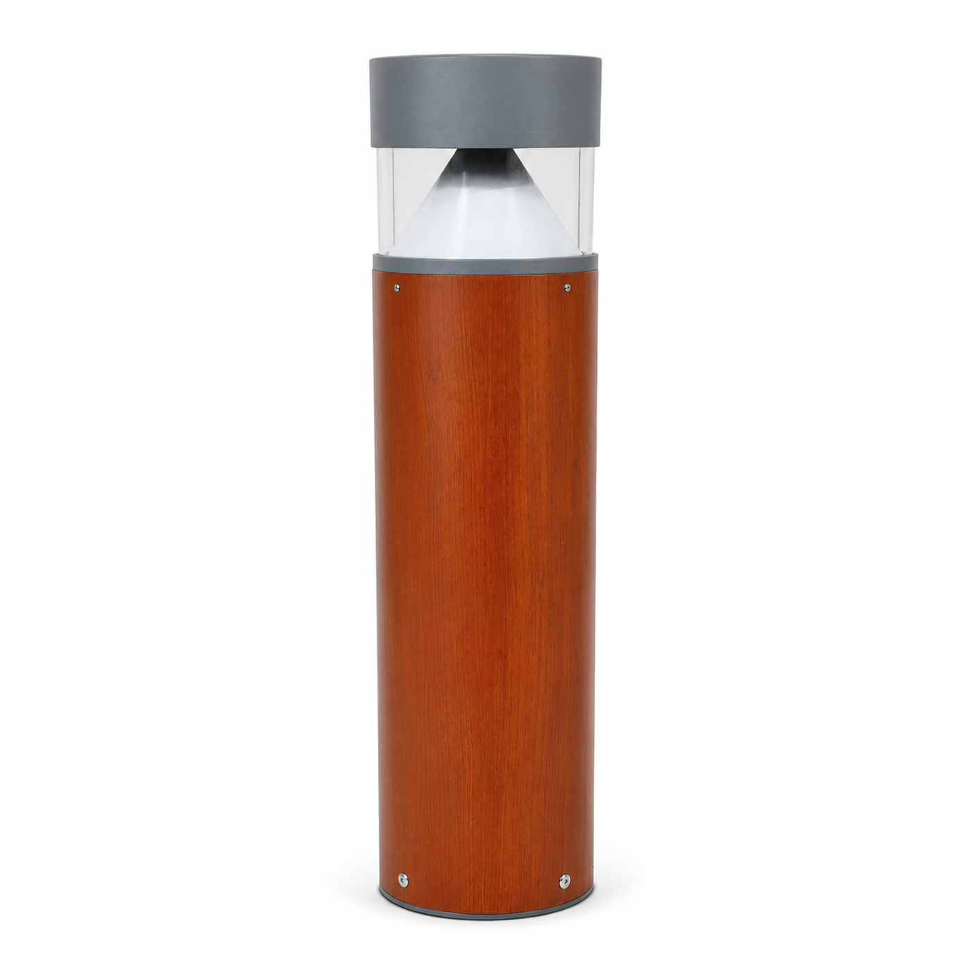 Wood-effect LED bollard lights illuminating a landscaped pathway at night
