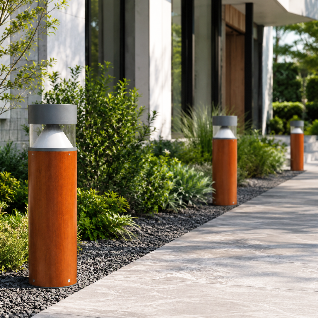 Wood-effect LED bollard lights installed beside a modern residential walkway