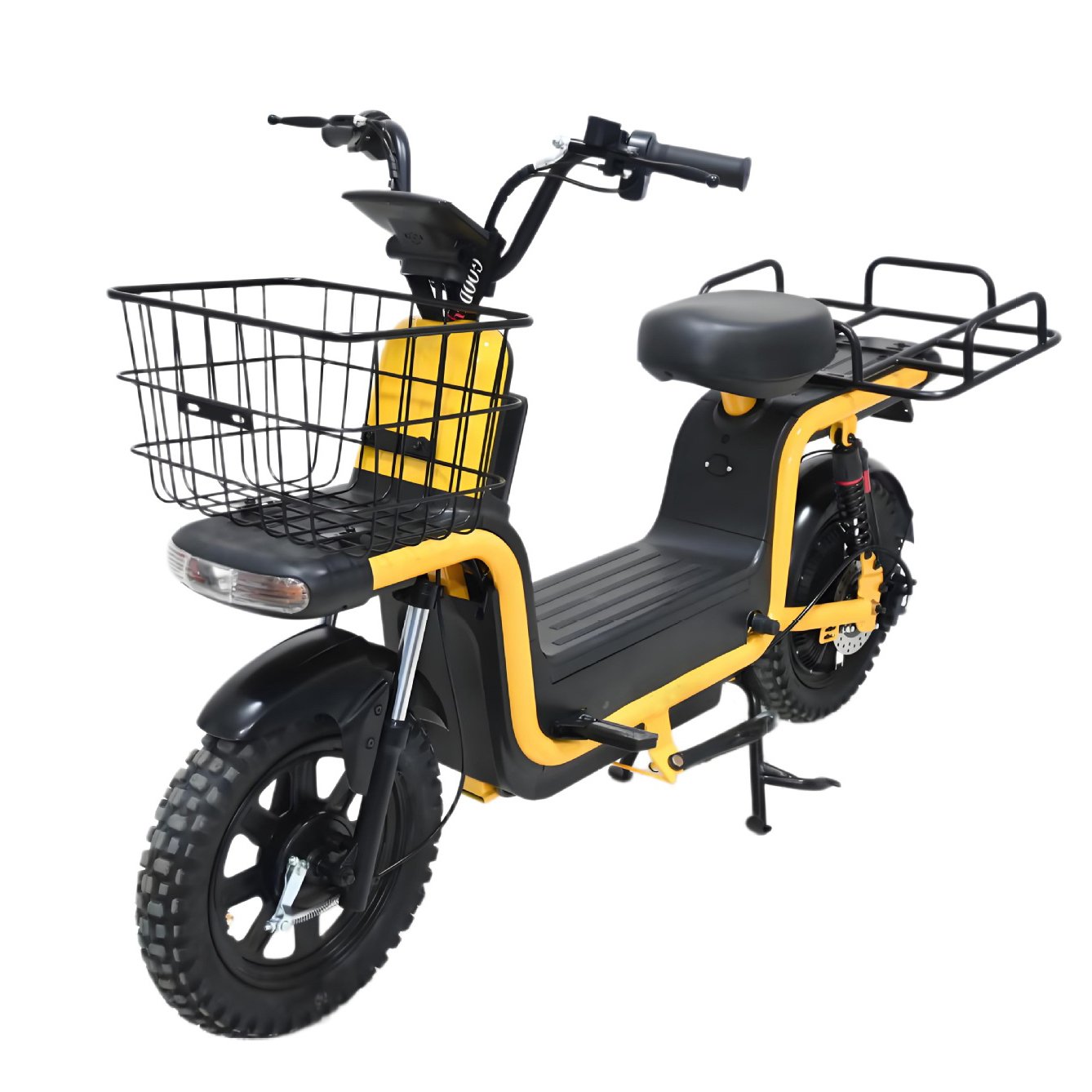 Yellow utility electric scooter with a front wire basket, rear cargo rack, step-through frame and black saddle