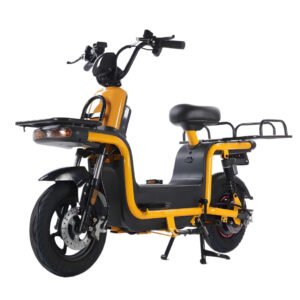 Yellow 1500W utility electric scooter with front and rear cargo racks, step-through frame and black saddle