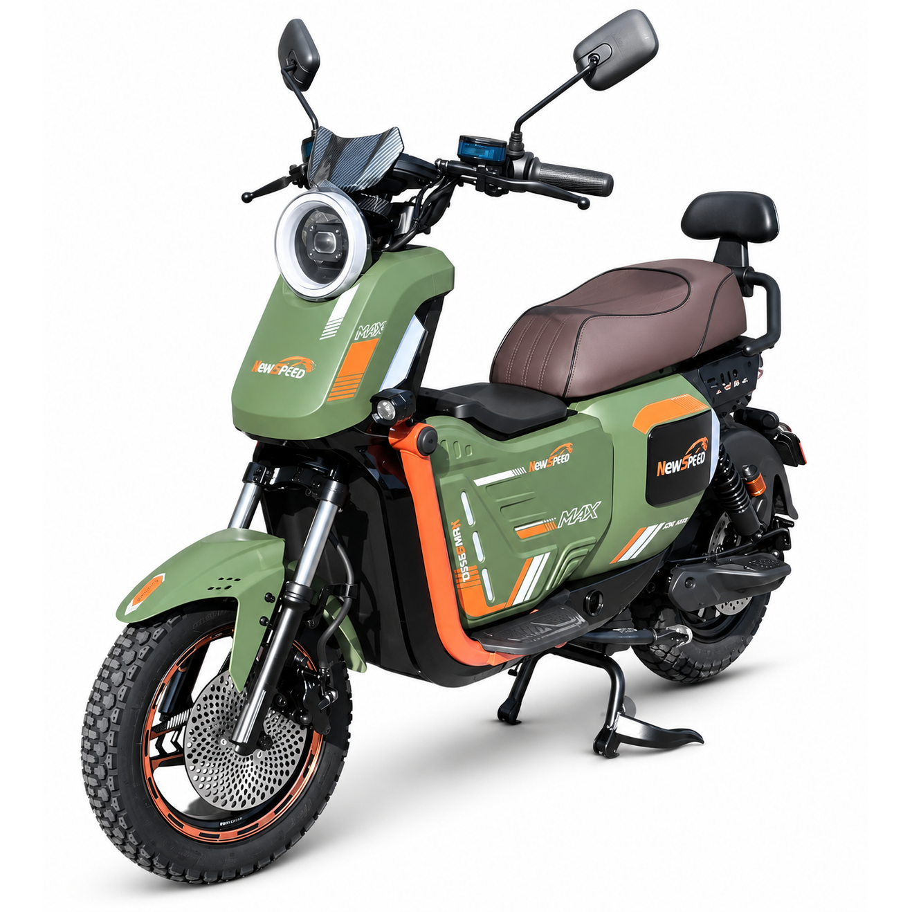 Green 2000W electric scooter with passenger backrest, round headlight and 12-inch wheels, shown from the front three-quarter angle