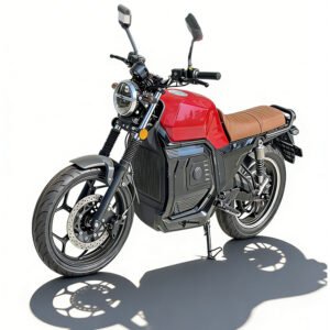 Red 2500W electric motorcycle with round headlight, brown seat and black wheels, shown on a white background