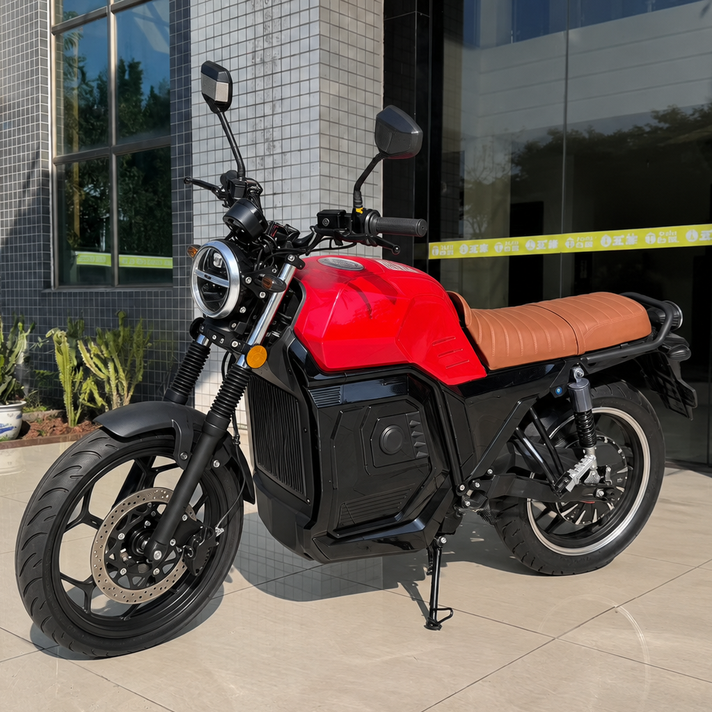 Red 2500W electric motorcycle with brown seat, 17-inch wheels and black body panels, shown from the side