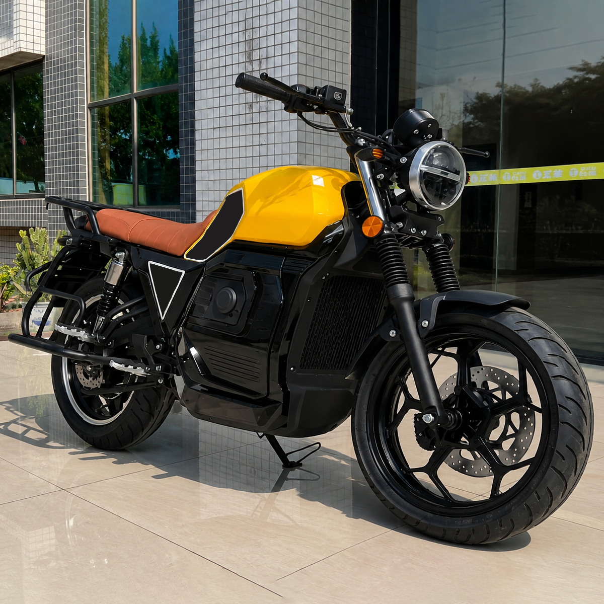 Yellow 2500W electric motorcycle with brown seat, round headlight, black frame and 17-inch wheels