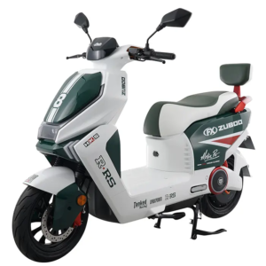 White and green 2500W step-through electric motorcycle with long seat, passenger backrest and 12-inch wheels