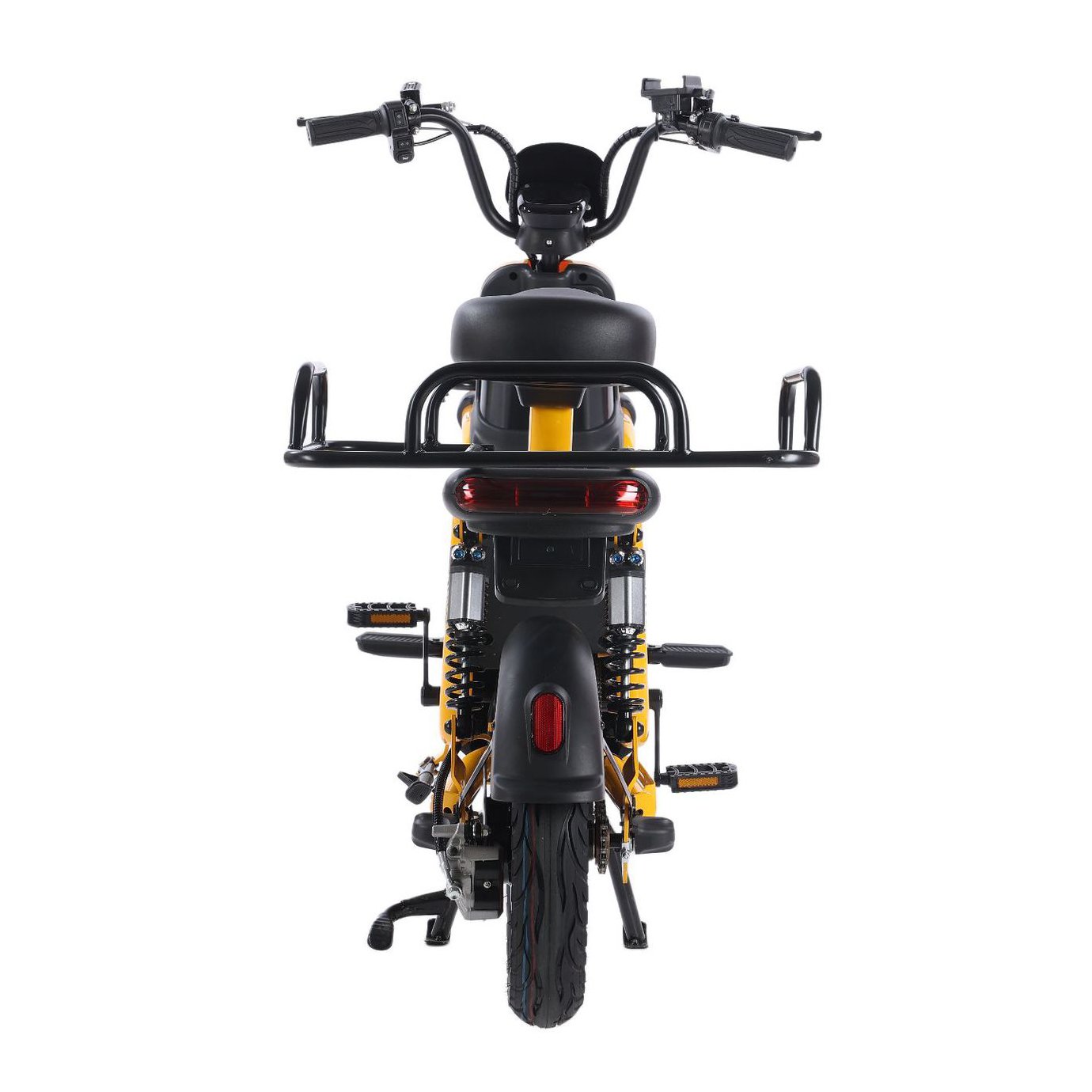 Rear view of a yellow utility electric scooter showing the rear cargo rack, taillight, twin shock absorbers and rear wheel