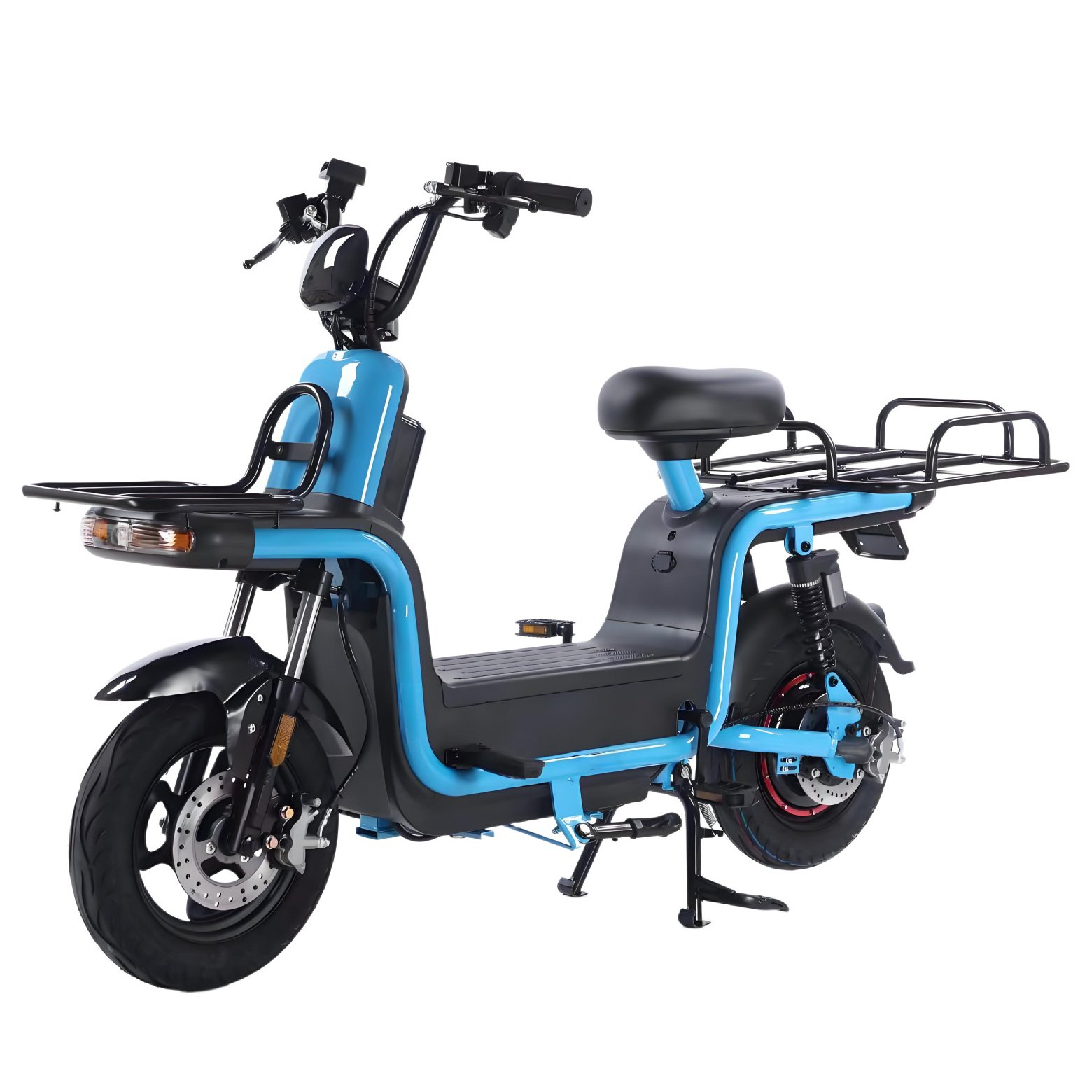 Blue utility electric scooter with front and rear cargo racks, black saddle and step-through frame