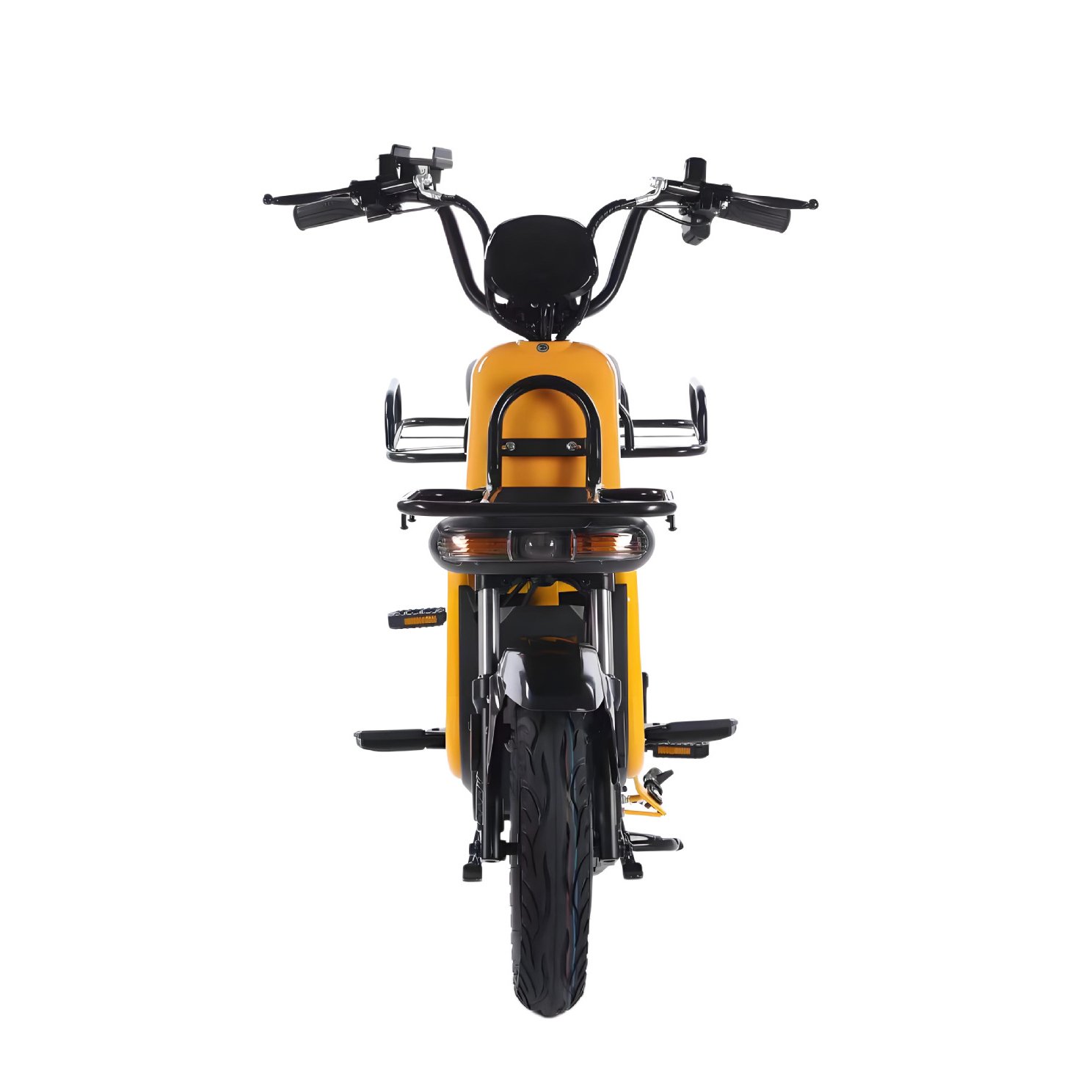 Front view of a yellow 1500W utility electric scooter with a front cargo rack, wide handlebars and black front tire