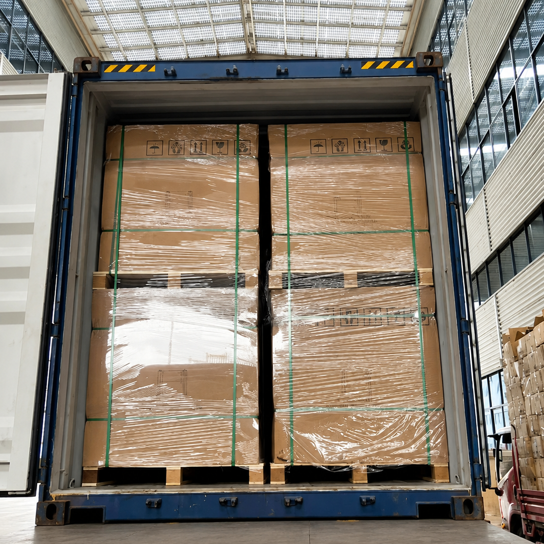 Shipping container loaded with palletized high-power solar panels for bulk export