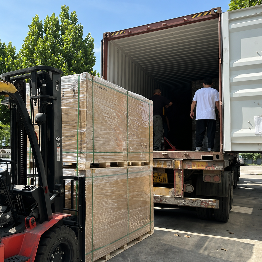 Palletized high-power solar panels being loaded into a shipping container by forklift