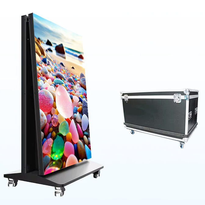 Foldable LED poster screen shown beside a wheeled flight case for transportation