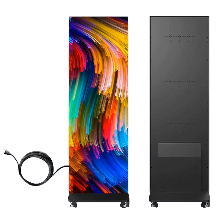 P2.5 foldable LED poster screen showing a colorful display front and rear cabinet view
