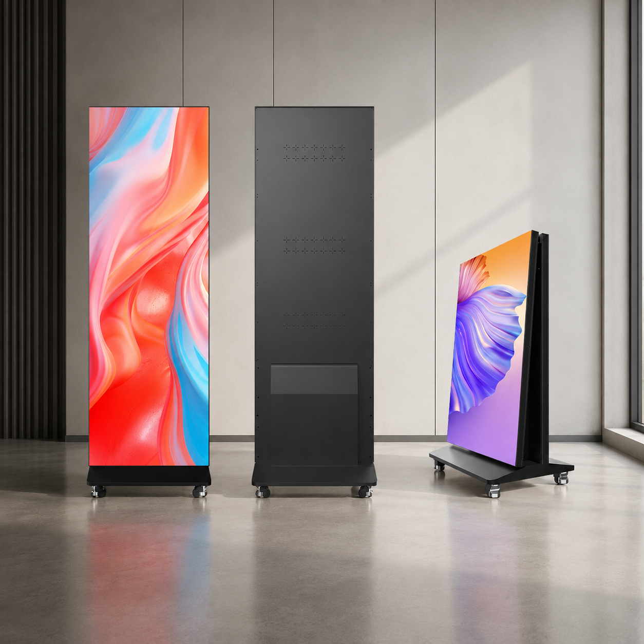 Two vertical LED poster screens displaying promotional content in an indoor commercial setting