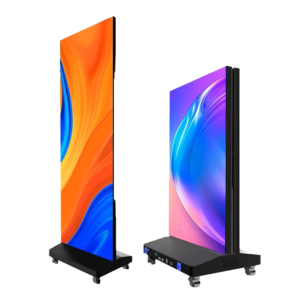 Two foldable LED poster screens displaying colorful content in a white-background product presentation