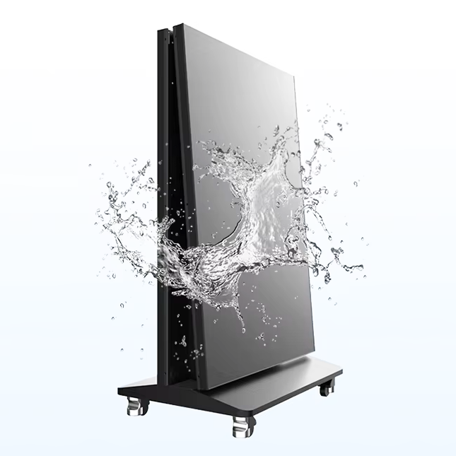 Rear view of a foldable LED poster screen showing the cabinet structure and movable base